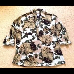 Laura Scott Top Blouse Partial Buttoned Roll up 3/4 Sleeves Stretch Pockets XL
